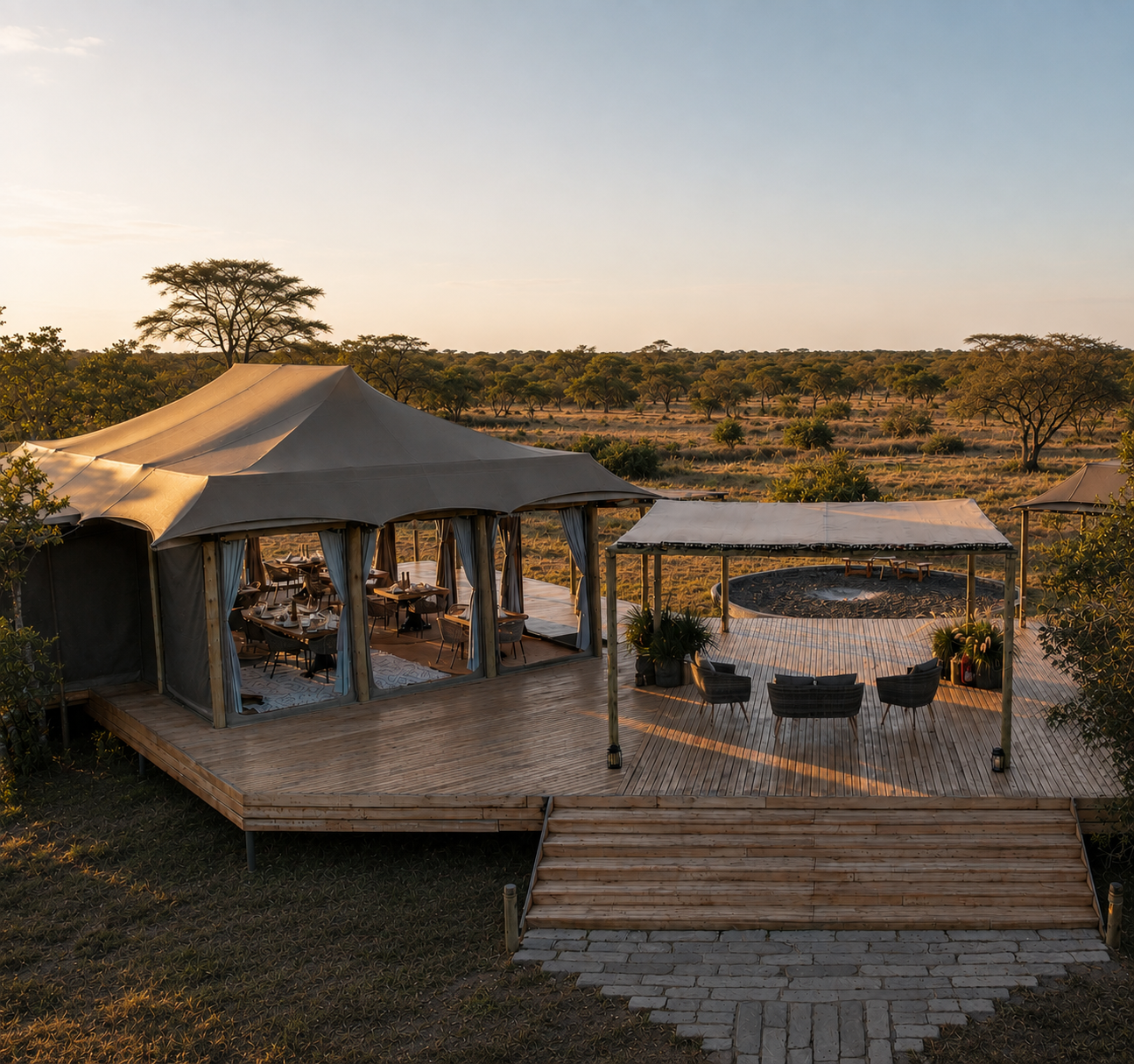 Tanzania tented lodge accommodation overlooking savannah