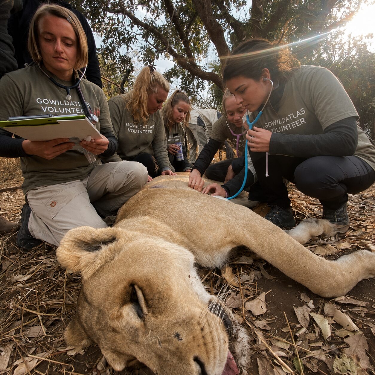 People working with wildlife in conservation field setting